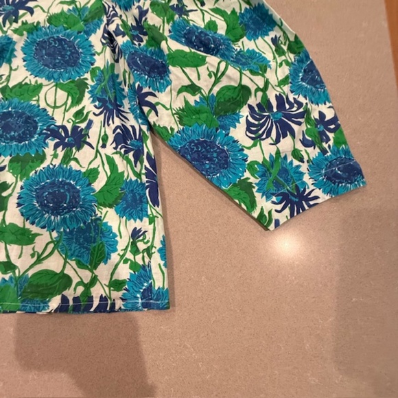 Women MILLE Cornflower Daisy Blue & Green Puffed Sleeves XL Blouse 100% Cotton - Picture 3 of 11
